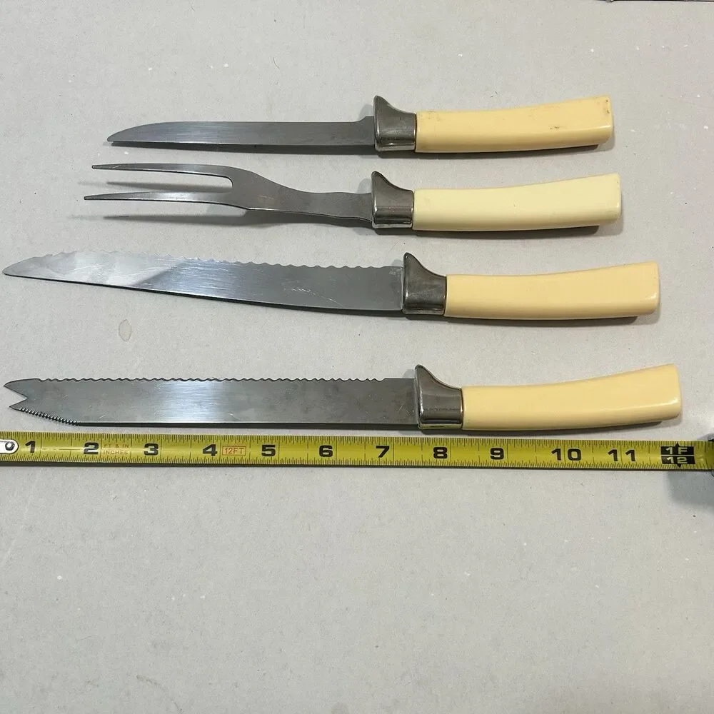 VINTAGE LIFETIME CUTLERY Sheffield England 4-Pc Carving Set Faux Stag Floral
